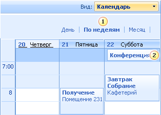 Выбор недельного представления в календаре