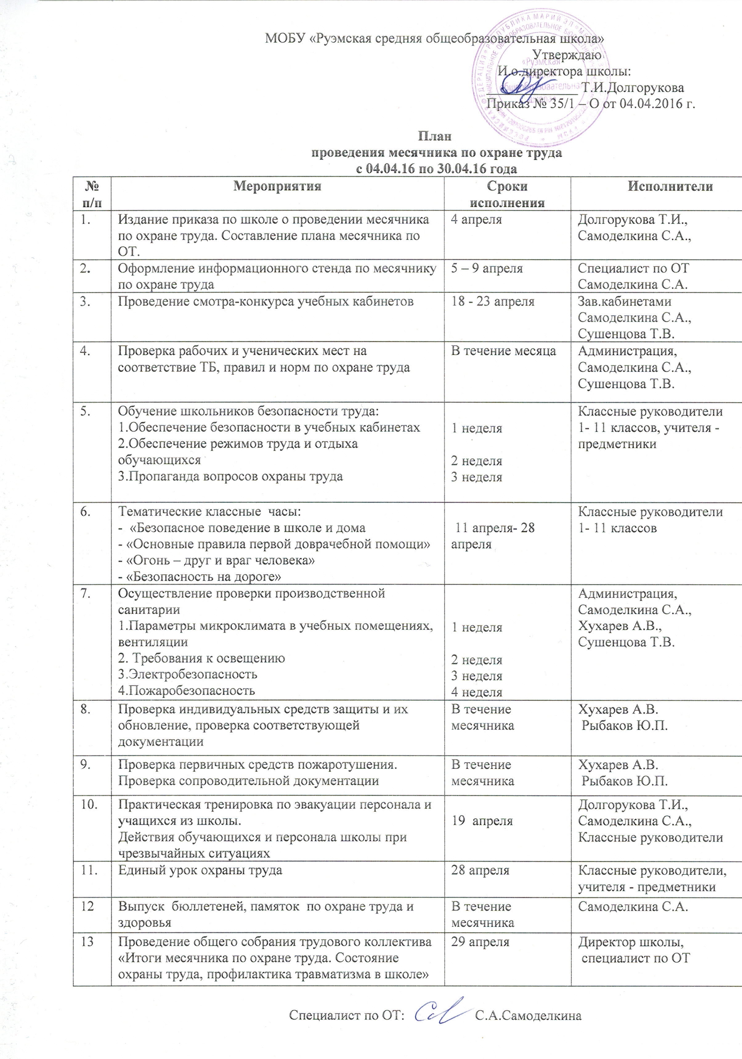 План мероприятий месячника охраны труда в школе