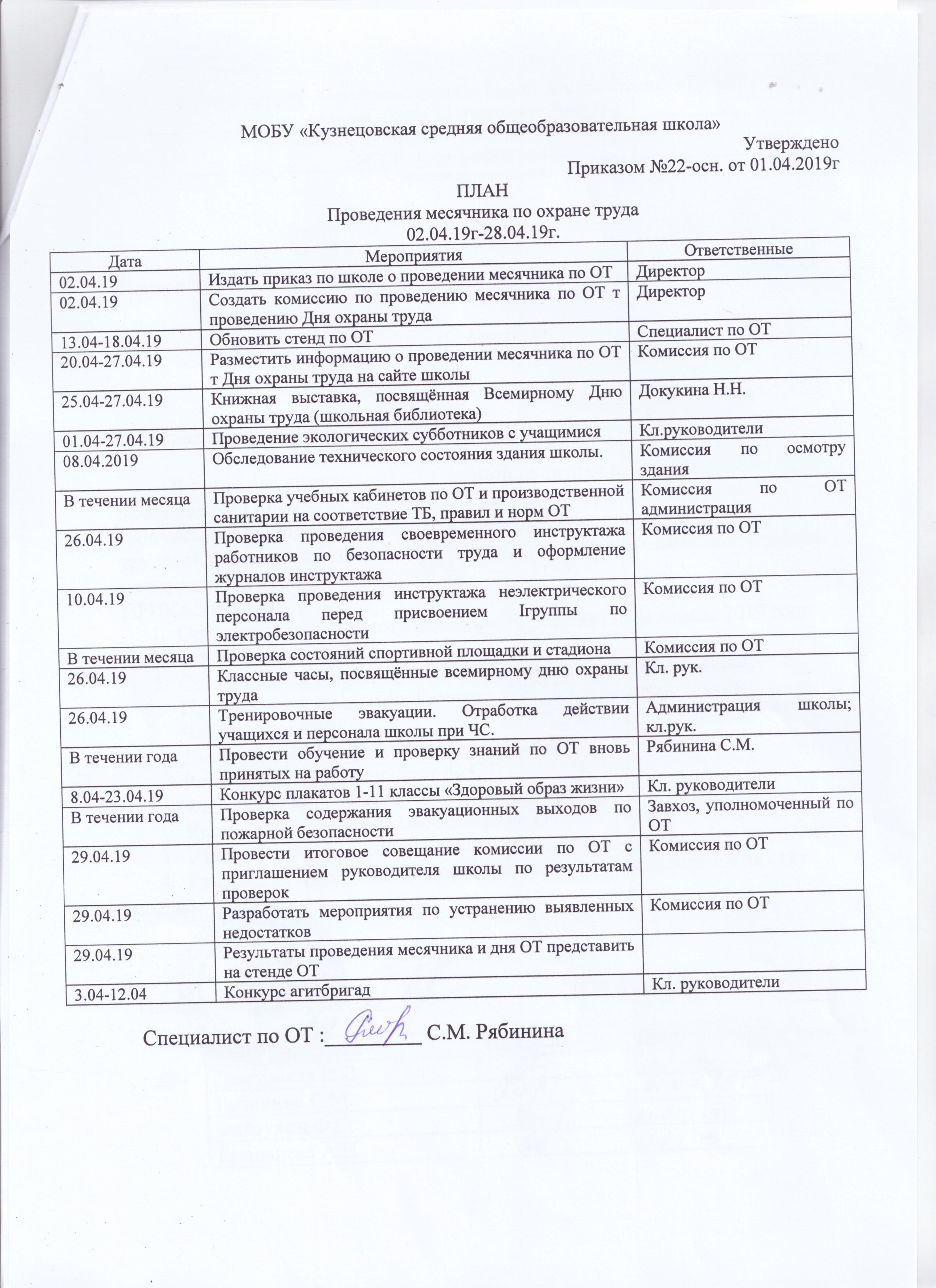 Образец приказа по проведению месячника по охране труда