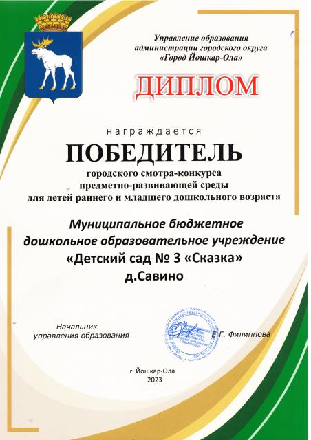 Диплом победителя муниципального смотра конкурса предметно-развивающей среды для детей раннего и младшего дошкольного возраста г. Йошкар-Олы.