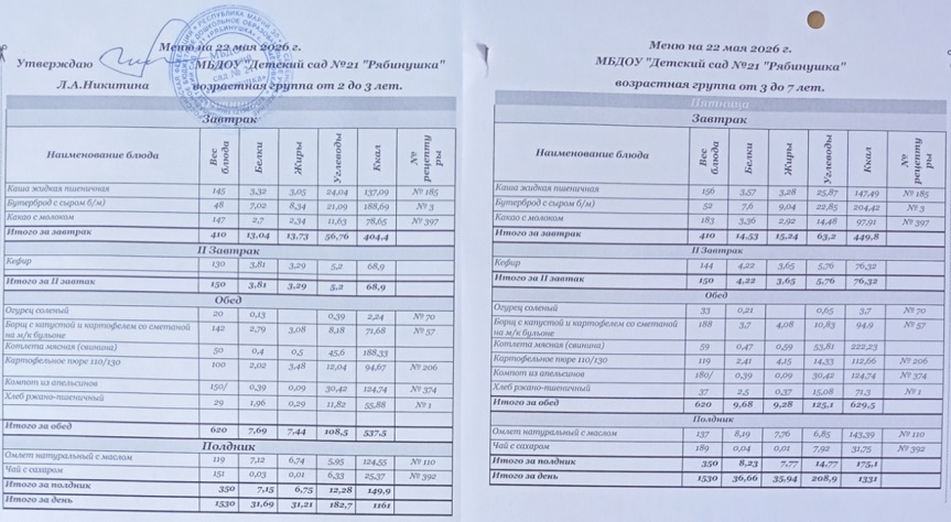 Меню 22.05.2026