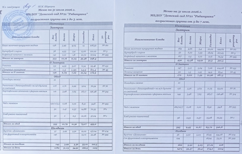 Меню 31.07.2026