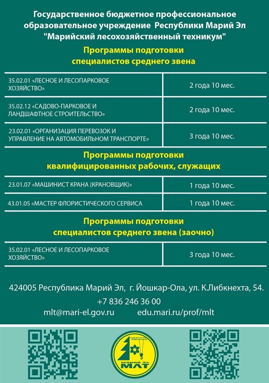 Государственное бюджетное профессиональное образовательное учреждение  Республики Марий Эл «Марийский лесохозяйственный техникум» - Профессии и  специальности